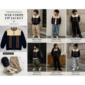 Vintage Gucci Web Stripe Zip Jacket Sweater Navy Cream Size 8
